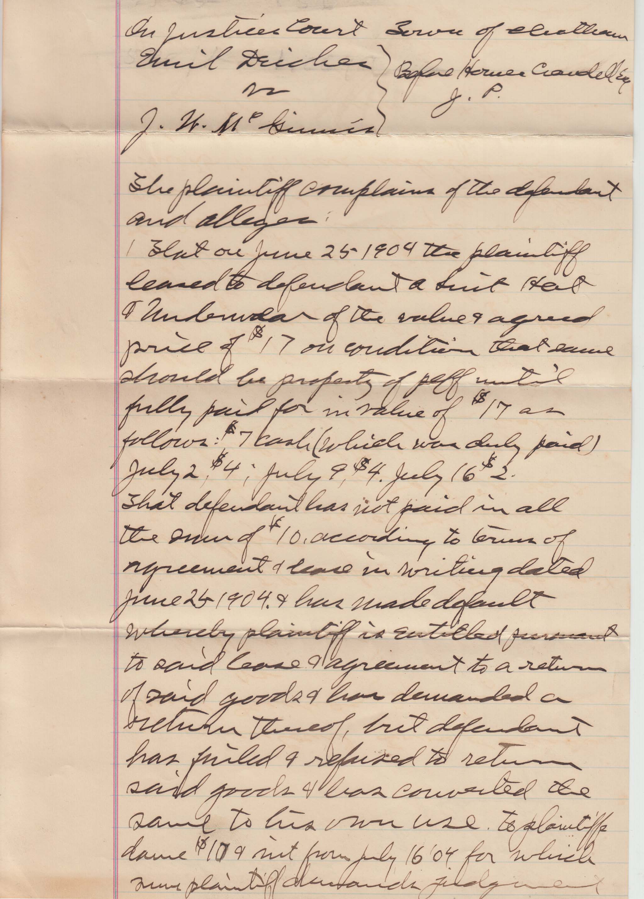 HBC003, 1904-07-25 Judgement, Emil Deiches vs J. W. McGuinnis re Lease of Suit